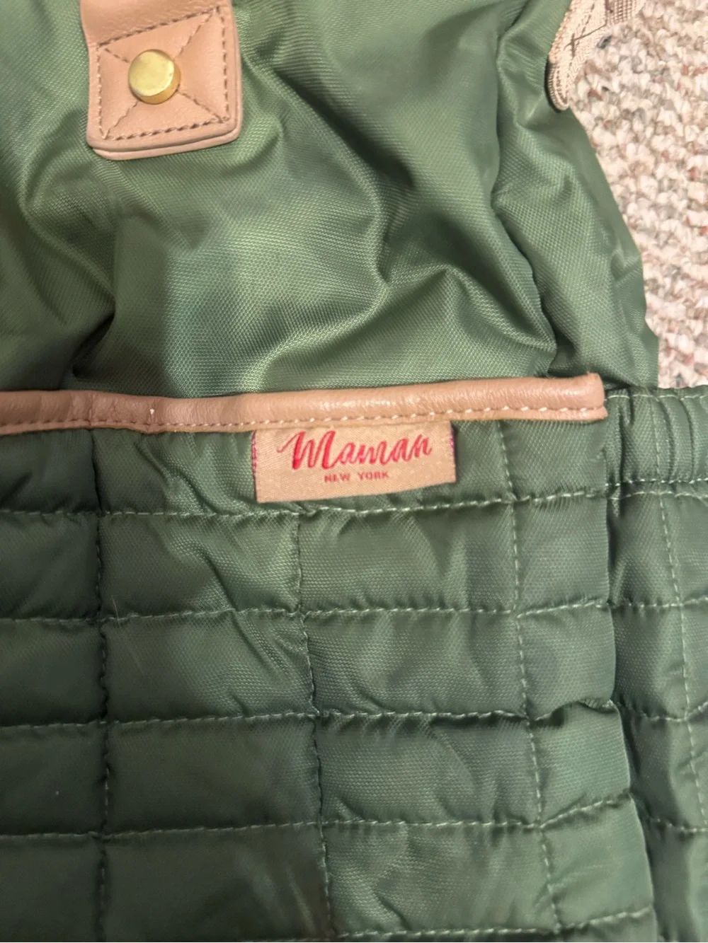 Green Quilted Diaper Bag with Tan Trim